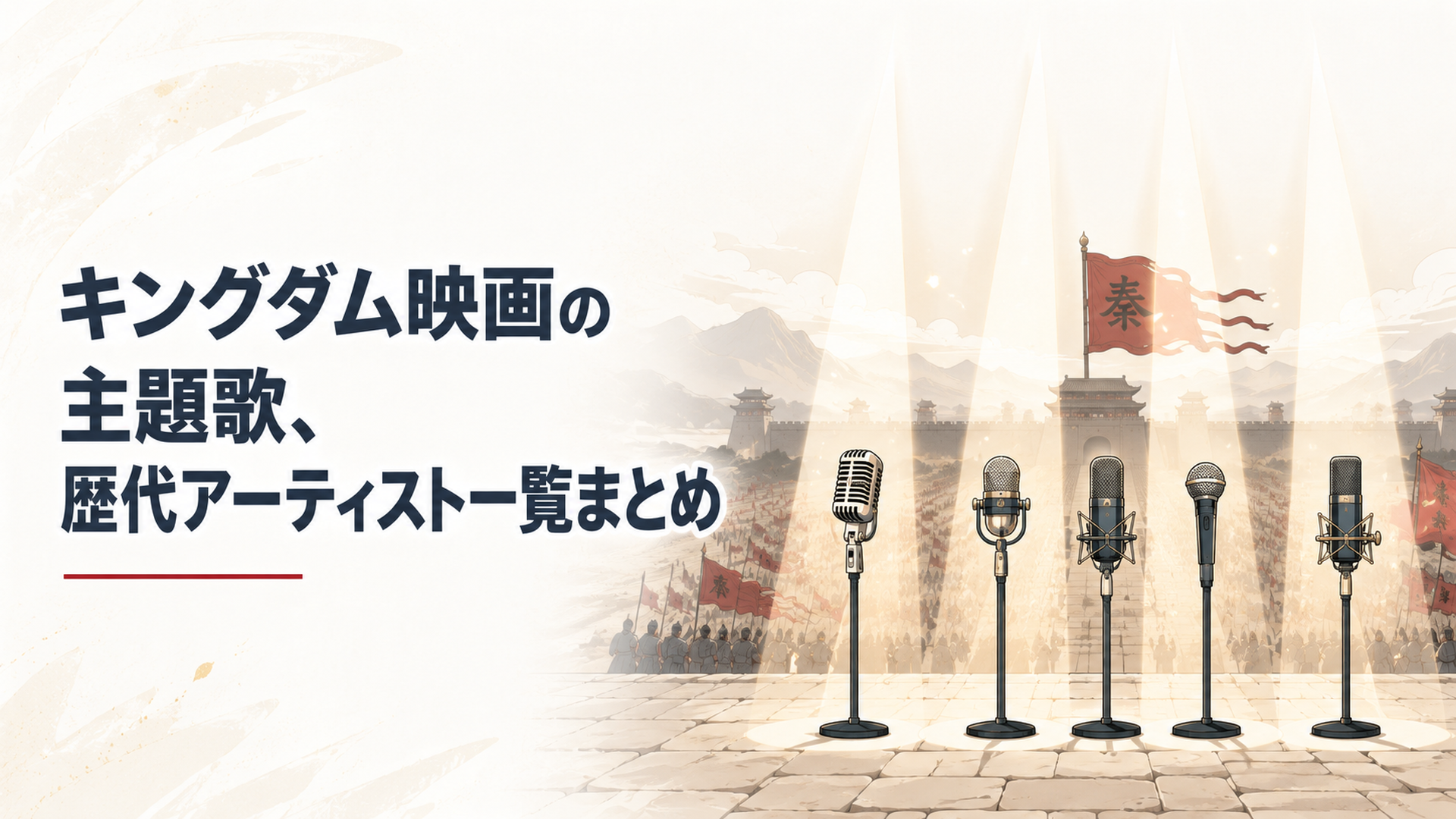 古代中国の広大な戦場を背景に、スポットライトを浴びる5本のマイクスタンドが横一列に並ぶ壮大なイメージ